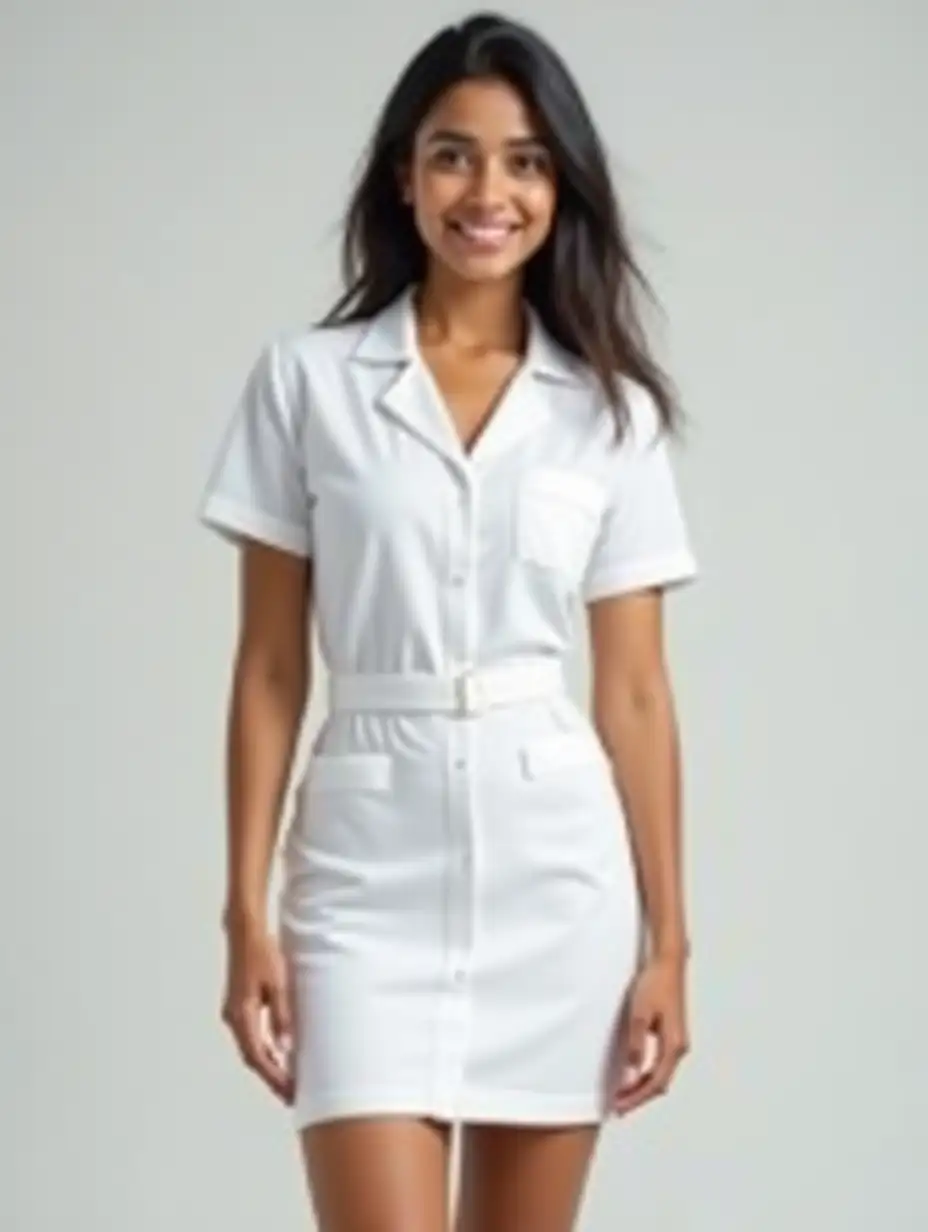 A stunning young Indian woman, aged 20-25, standing confidently in a pristine, form-fitting white nurse uniform. The uniform features a short, thigh-length skirt accentuating her toned, athletic physique, with sculpted thighs and a natural, curvaceous silhouette. Her detailed, lifelike face radiates warmth with a gentle smile, high cheekbones, and expressive almond-shaped eyes. The outfit hugs her hourglass frame professionally, with subtle fabric folds and realistic texture.