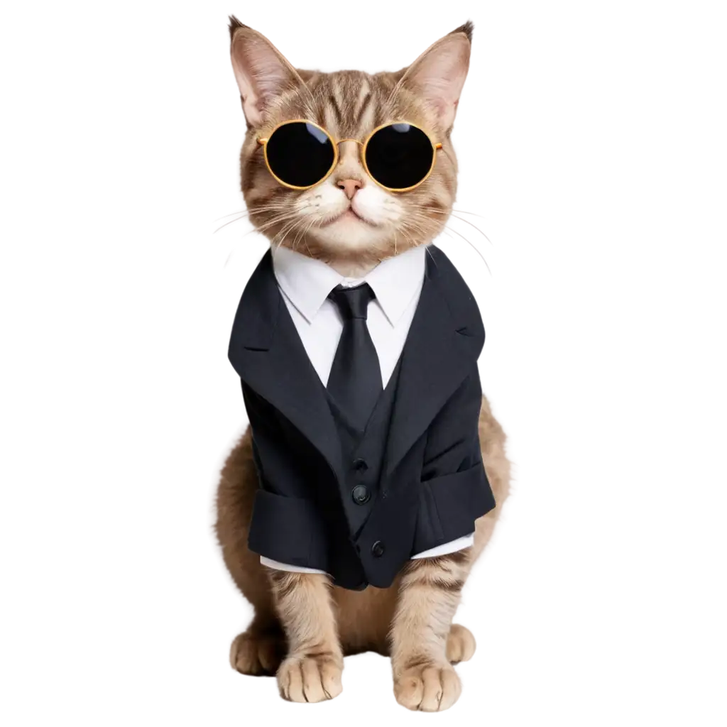 I want a picture of a cat wearing round sunglasses, formal wear and looking successful