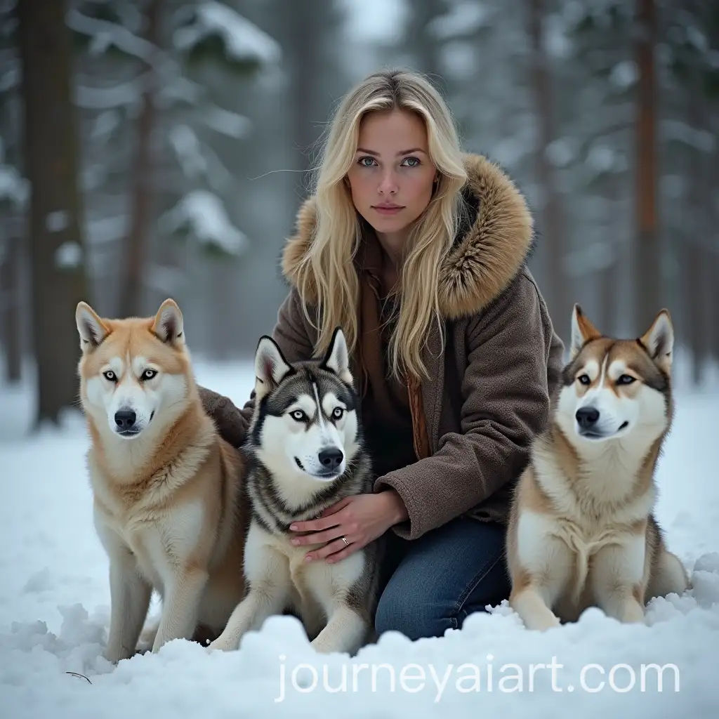 Athletic-Blonde-Woman-with-Huskies-in-Lapland-Forest