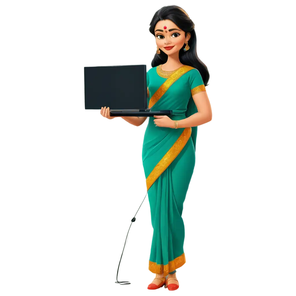 A cartoon lady in saree with tv in her hand