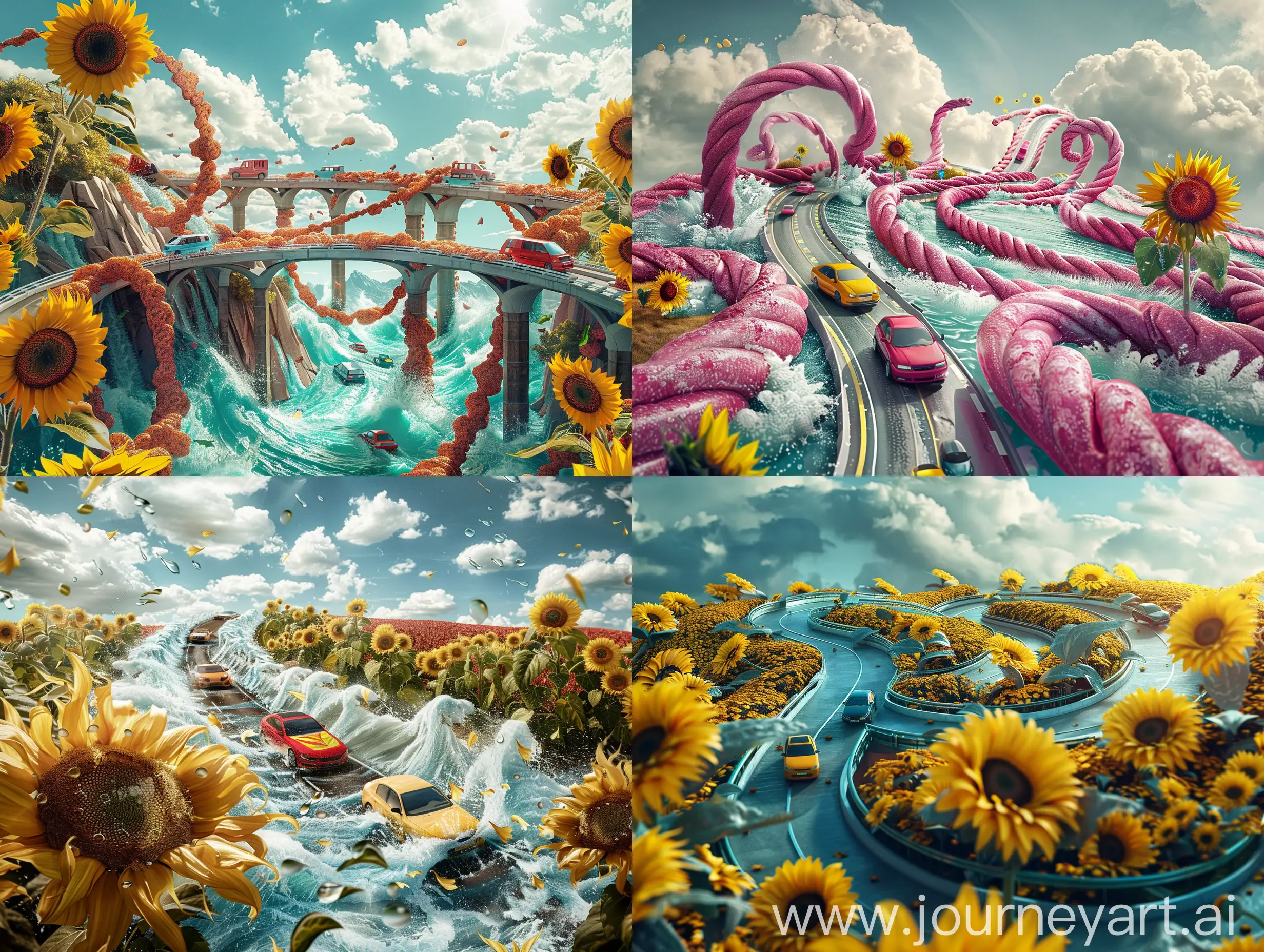 Surreal-Candy-Highway-with-3D-Cars-and-Sunflower