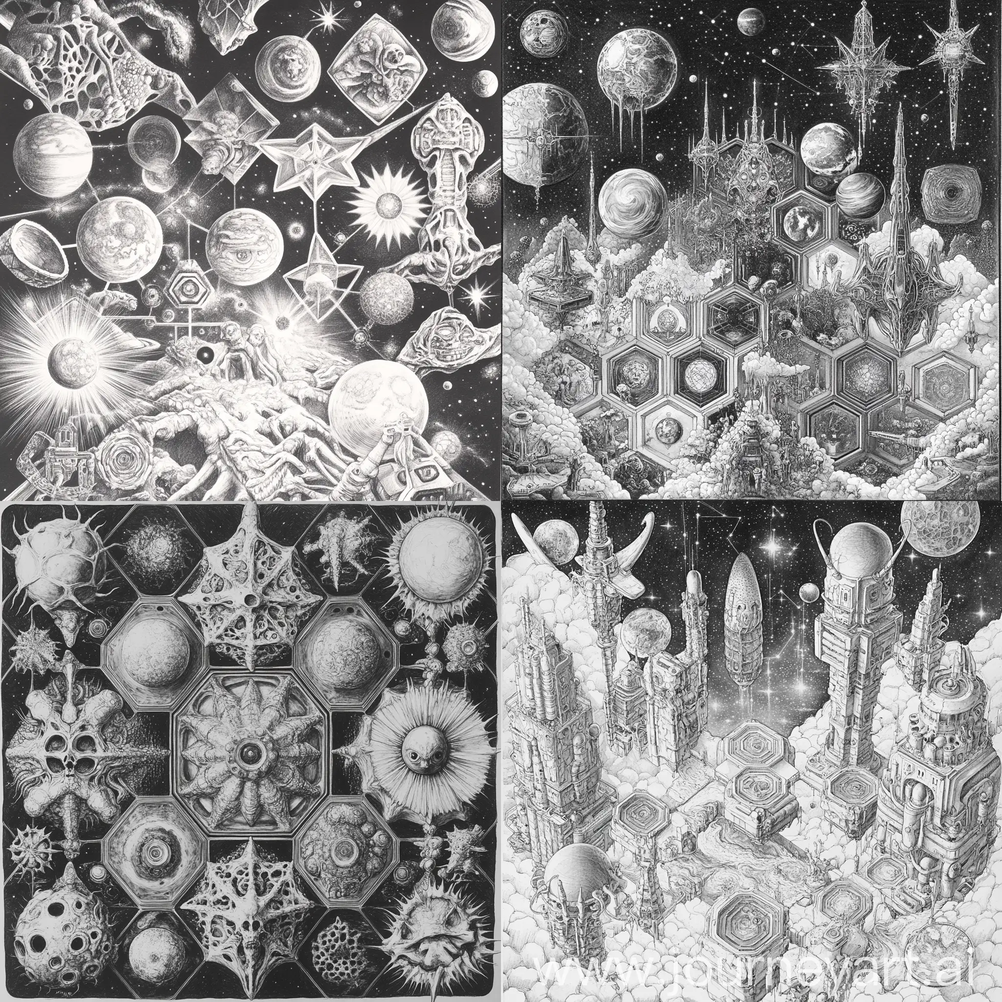 Intricate-Pencil-Drawing-of-the-Universe-with-Hexagonal-Tessellation