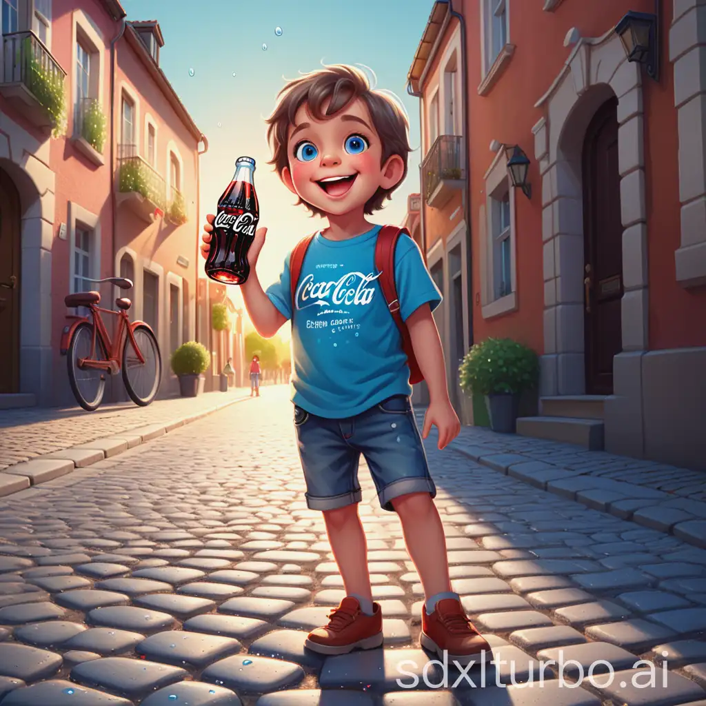 A cute little boy, 5-7 years old, with rosy cheeks and big sparkling eyes, wearing a bright blue T-shirt and denim shorts, standing on a sunny European-style cobblestone street. He's holding a frosty glass bottle of Coca-Cola, smiling joyfully with a few bubbly droplets around his mouth. The background features pastel-colored buildings, a vintage bicycle leaning nearby, and soft golden-hour lighting casting long shadows. Cartoon-style rendering with soft textures and warm, vibrant colors.