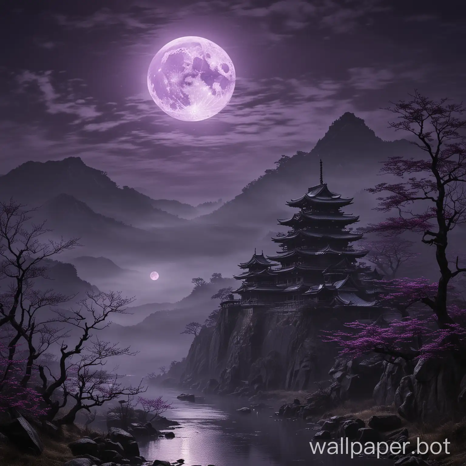 feudal japan dark and foggy night with purple moon