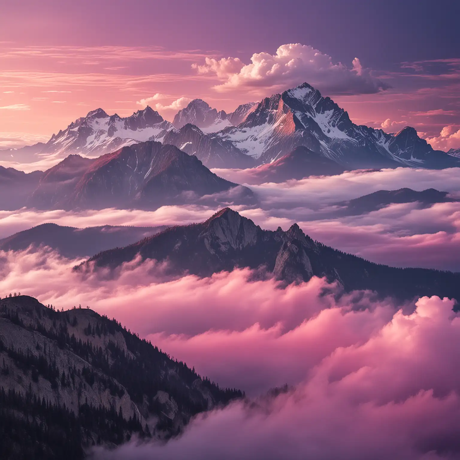 Mountains surrounded by clouds with hues of purple, pink, and blue