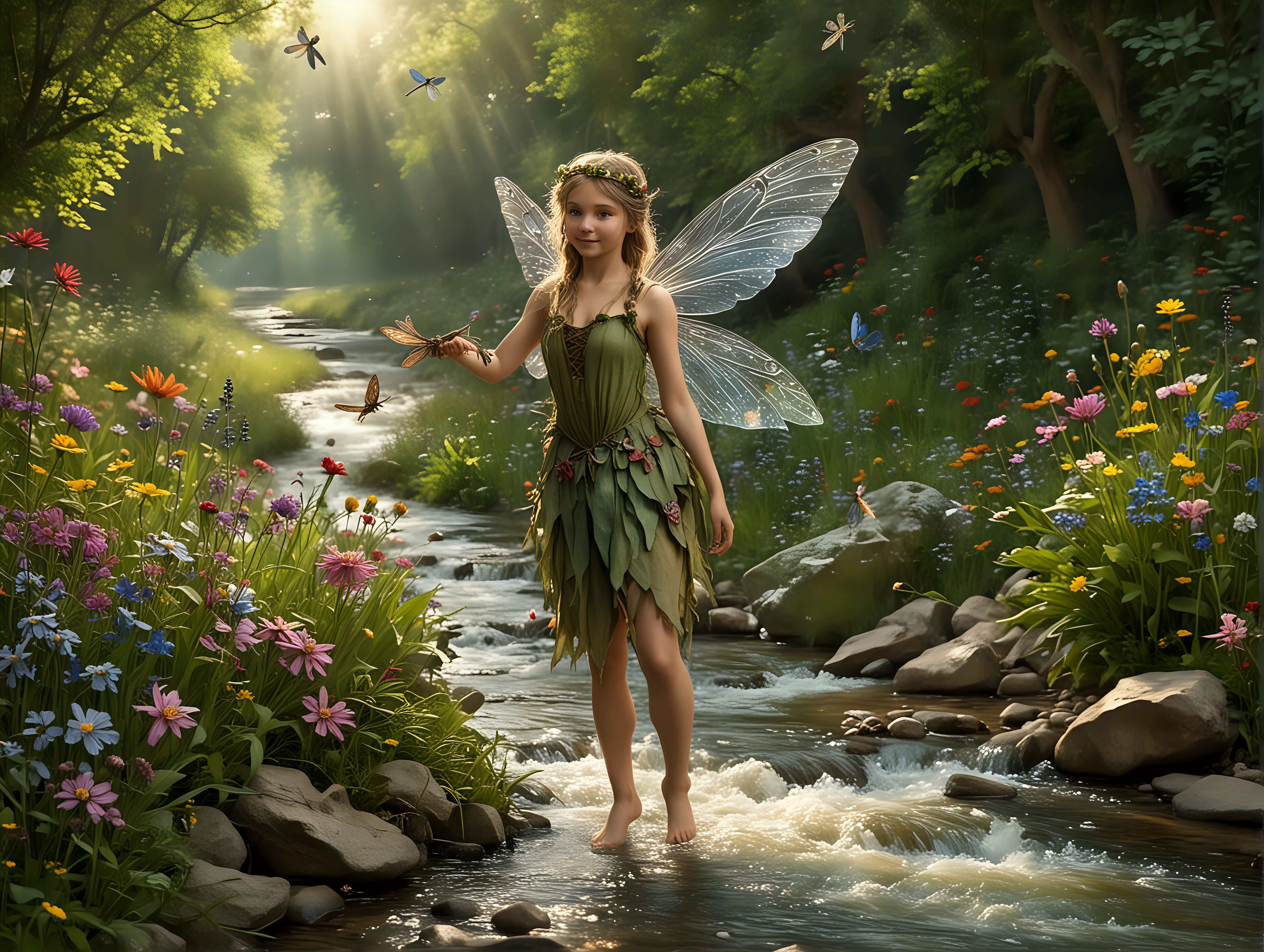 fairy with dragonfly wings flying ferry village stream wildflower