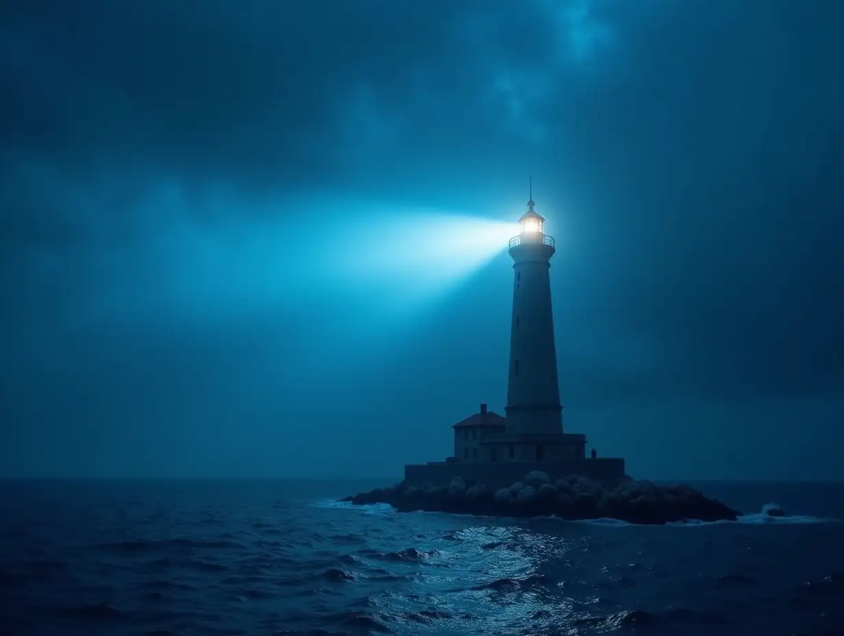 Build a lighthouse in light blue tone that projects a beam of light into the night on a stormy sea. In the beam of light write small Roberto Cavaliere Psychotherapist