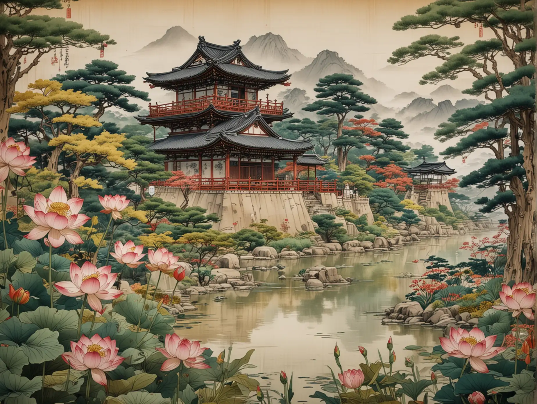 Eye level view, close-up of Ancient Emperor's Palace in Japan, ancient Japan ink painting, vintage scrolls, Ukiyo-e art mixture with Cubism art, colorful, gorgeous, lotus flowers, lush vegetation indigenous to Japan, large watch, vines, chinese culture symbols. Captured with wide angle lens, rich and vivid coloring, 8k resolution.