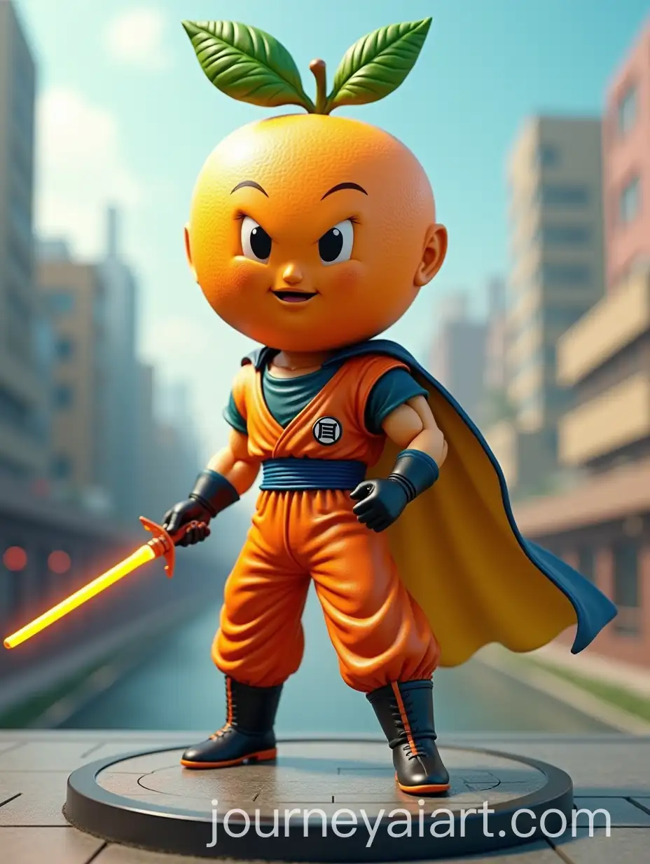 Futuristic-Warrior-Character-with-FruitInspired-Head-and-Lightsaber-in-Cityscape