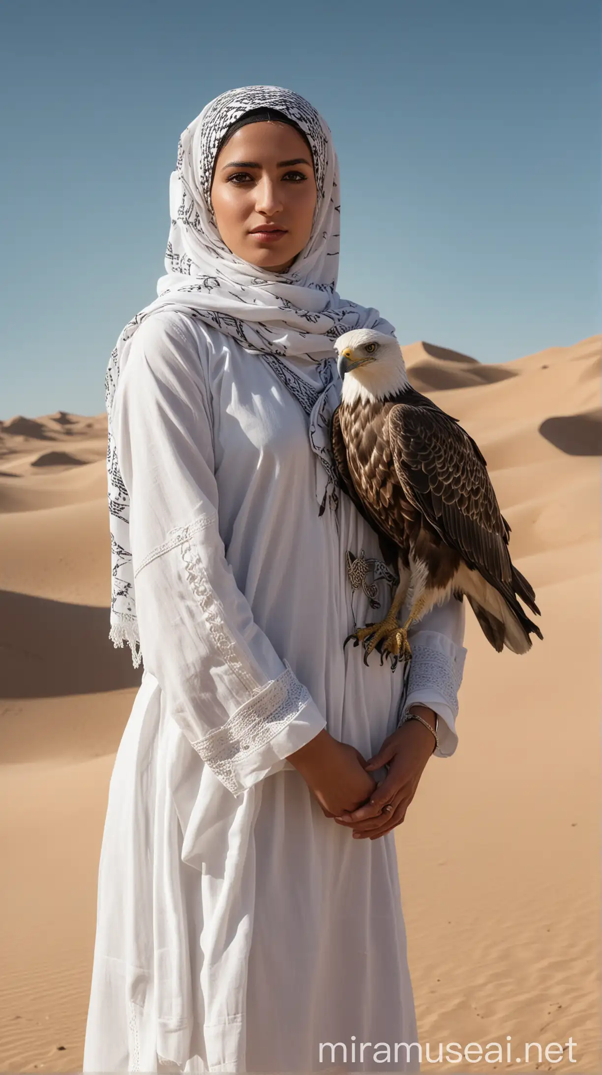 Confident Figure in Traditional Arabic Costume with Majestic Eagle in Desert Setting