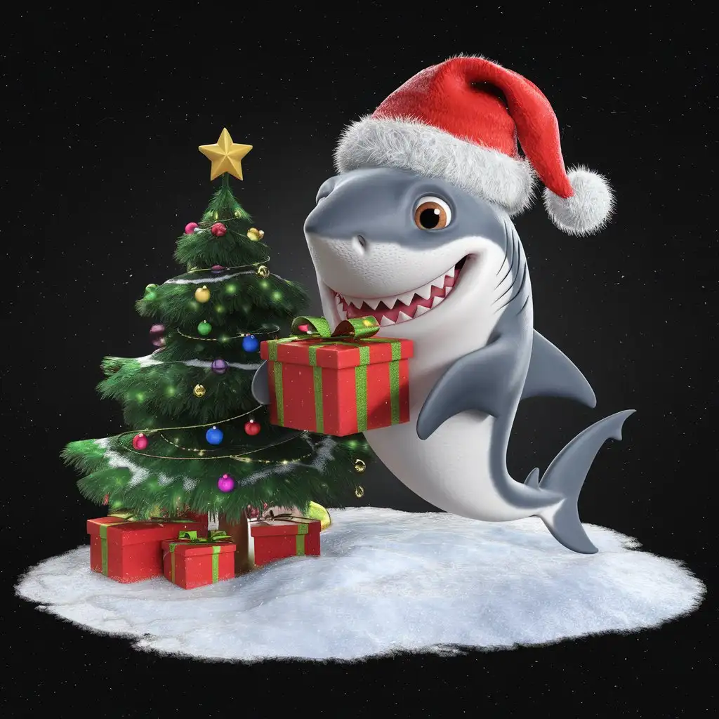 Cartoon-White-Shark-Celebrating-New-Years-Eve-with-Snow-and-Christmas-Tree