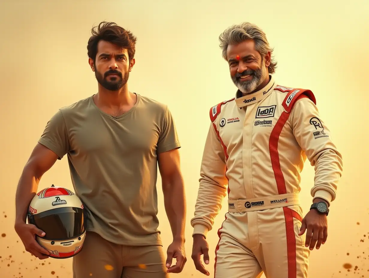 Two South Indian men, likely actors, posed against a backdrop of warm, golden hues, evoking a desert or war-zone setting.  The left figure has short, tousled dark brown hair and a serious expression, wearing a loose-fitting, muted gray-khaki t-shirt.  The man on the right is Indian actor Ajith,  with graying hair and a substantial beard, in a white racing suit with red accents and a sponsor logo, stands prominently holding a racing helmet. The suit has the brand name 'AJITH KUMAR RACING' on it., is also smiling and has his arm raised.  Both figures have highly defined, emphasizing their strength.  The lighting is dramatic and highlights their physiques, creating a dynamic contrast against the hazy, light beige and gold backdrop.  The background suggests smoke or dust particles, which are visible as a scattering of golden speckles.  The overall artistic style leans towards a photorealistic, but slightly enhanced impressionistic look, capturing the physicality of the figures while still suggesting a film poster aesthetic.  Focus on the faces and arms.