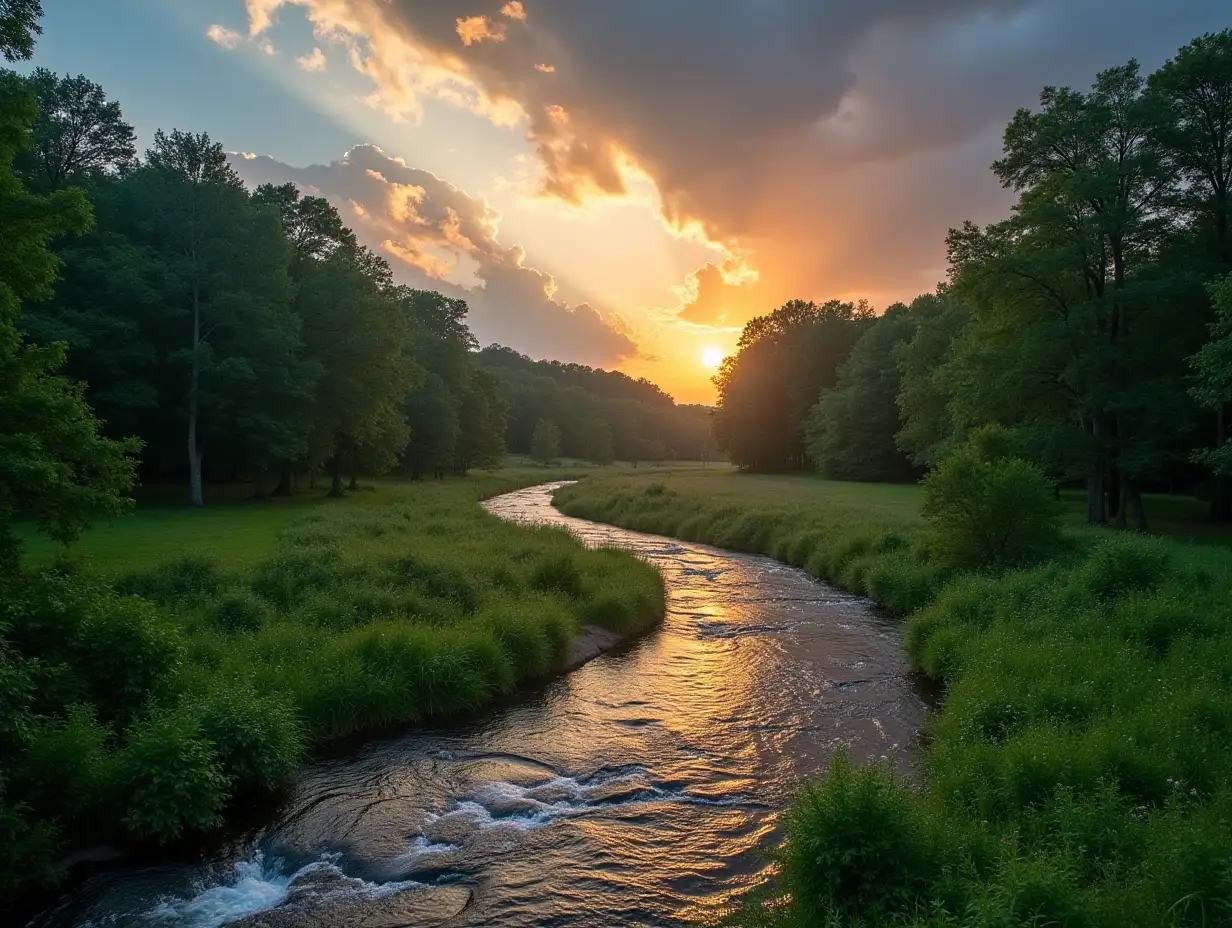 a gorgeous summer landscape along the Chattahoochee river with flowing water surrounded by lush green trees, grass and plants with powerful clouds at sunset in Atlanta Georgia USA