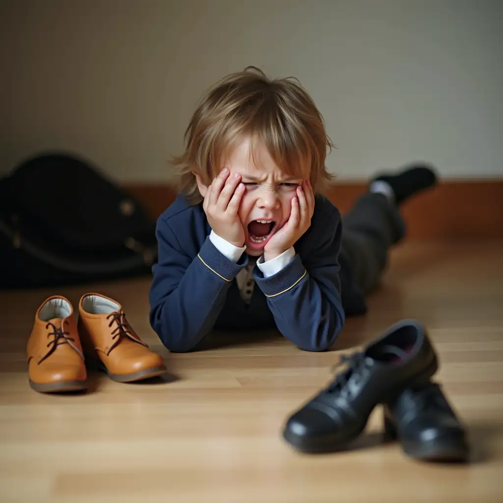 Older-Child-HavingAI-Image-Prompt-Expansion-Tantrum-in-School-Uniform-with-Shoes-and-Bag-on-Floor