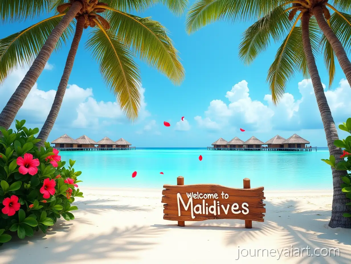 Tropical-Beach-in-Maldives-with-PalmMaldives-tropical-beach-scene-Trees-Hibiscus-Flowers-and-Bungalows-on-the-Horizon