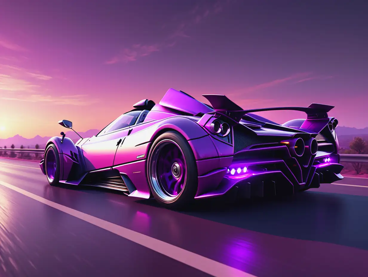 Futuristic-Purple-Magenta-Pagani-Zonda-Cinque-Roadster-on-a-Sunset-Drive