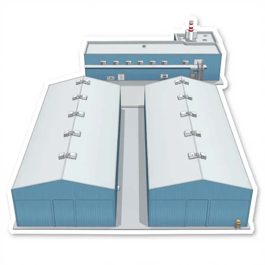 2 large parallel, long blue hangar with a gray roof, dozens of small white rectangular air conditioning units in a row along the edges of the roof, and dozens of small ventilation pipes along the central axis of the roof. A two-level blue extension is attached to the hangar, the top of the second tier of the extension is white. In the background is a detached factory building, it is higher than the hangar building and its walls are completely solid white, on one side there is an external fire escape ladder along the wall, the front side of the building with a wall painted in a vertical blue line, a white line in the center and another vertical blue line. The roof of the building is flat and gray, with one white chimney with two red stripes in the center of the roof. Sticker design - top view, high resolution, vector graphics, white background, paint anime style.