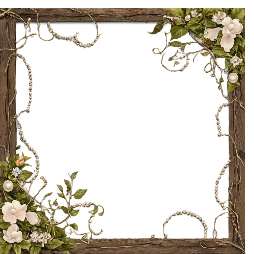 Fantasy & Surreal Elements: The lower part of the image blends into an illustrated, wooden frame adorned with pearls, vines, and flowers, adding an artistic and dreamlike touch.