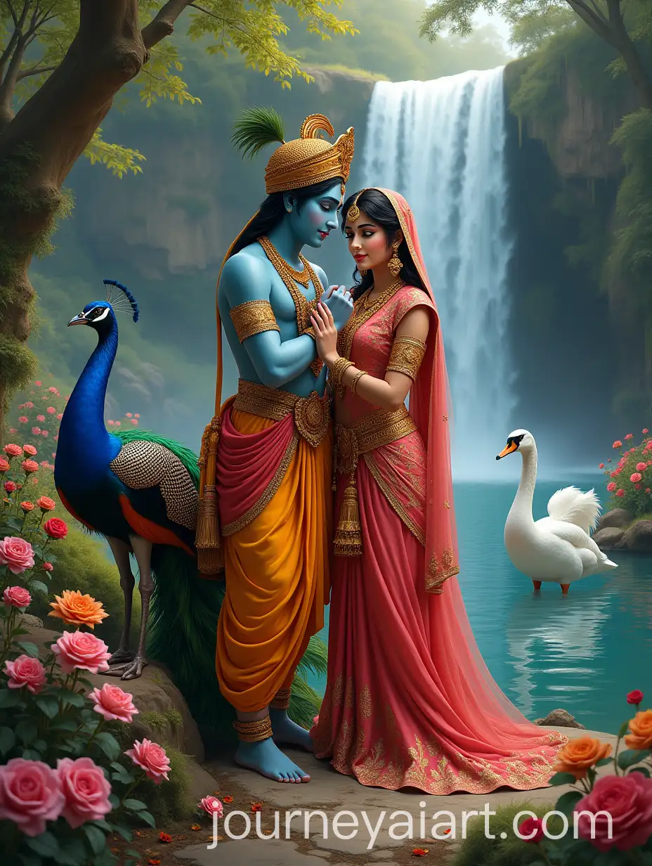 Radha-and-Krishna-in-a-Divine-Garden-with-Peacock-Swan-and-Waterfall