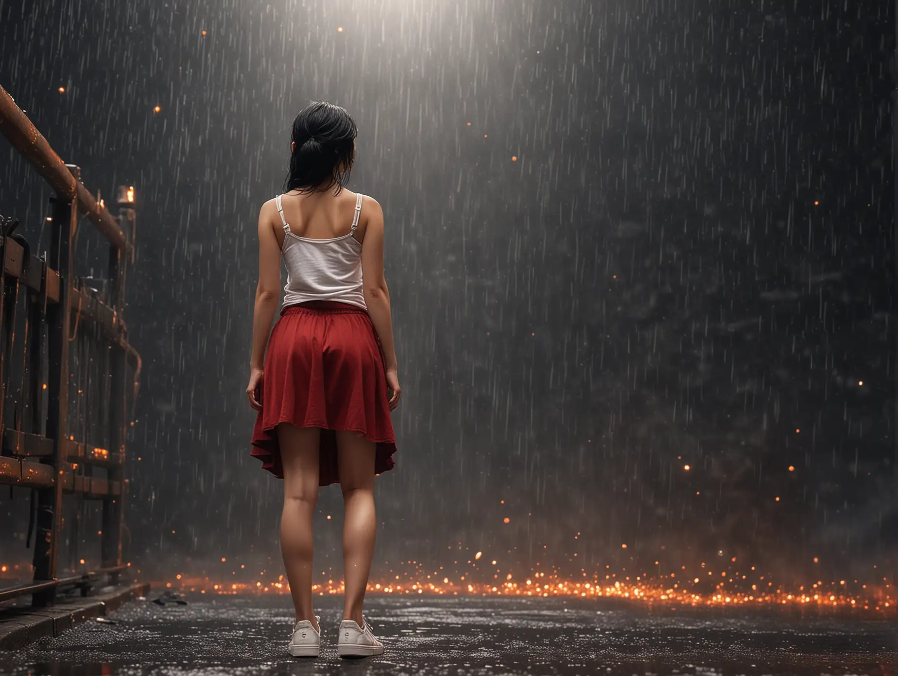 Woman-in-Dark-Space-with-Golden-Sparkling-Rain-and-Fire-Side-View-in-White-Tank-Top-and-Red-Skirt