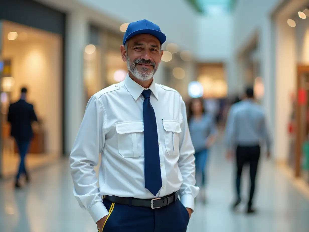 a 52-year-old Colombian security guard, with a blue hat, long-sleeved white shirt, and dark blue tie, dark blue pants with a thin yellow vertical line on the side. in a profiled security stance, slightly smiling in a shopping center.
