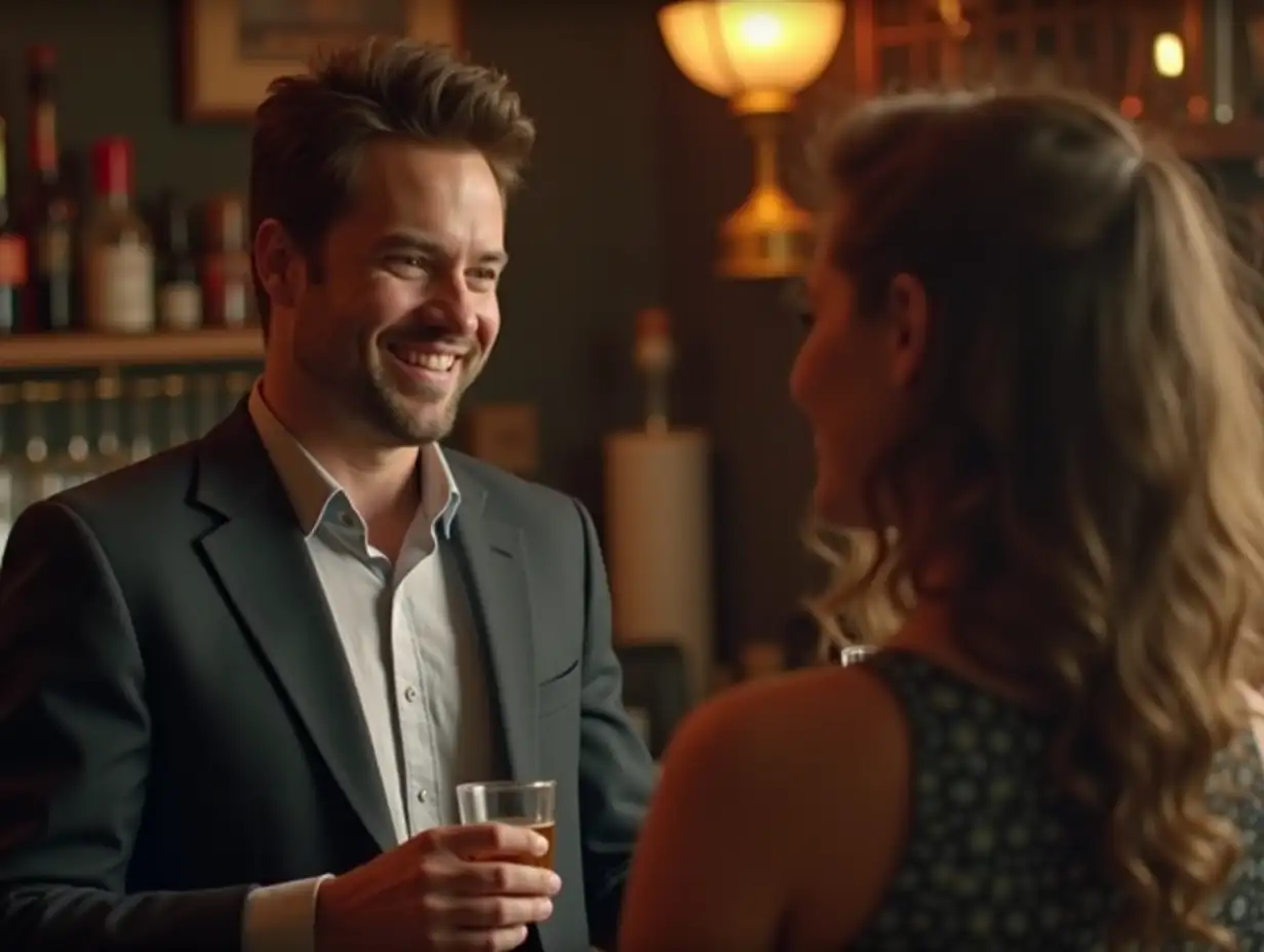 A flashback-style visual of a man confidently delivering a classic pickup line to the same woman in a bar or café. The woman, usually dismissive, is taken aback, but her expression shows she’s intrigued and flattered. The man is relaxed and smiling, completely at ease, and the scene captures the surprising effectiveness of the simple pickup line.