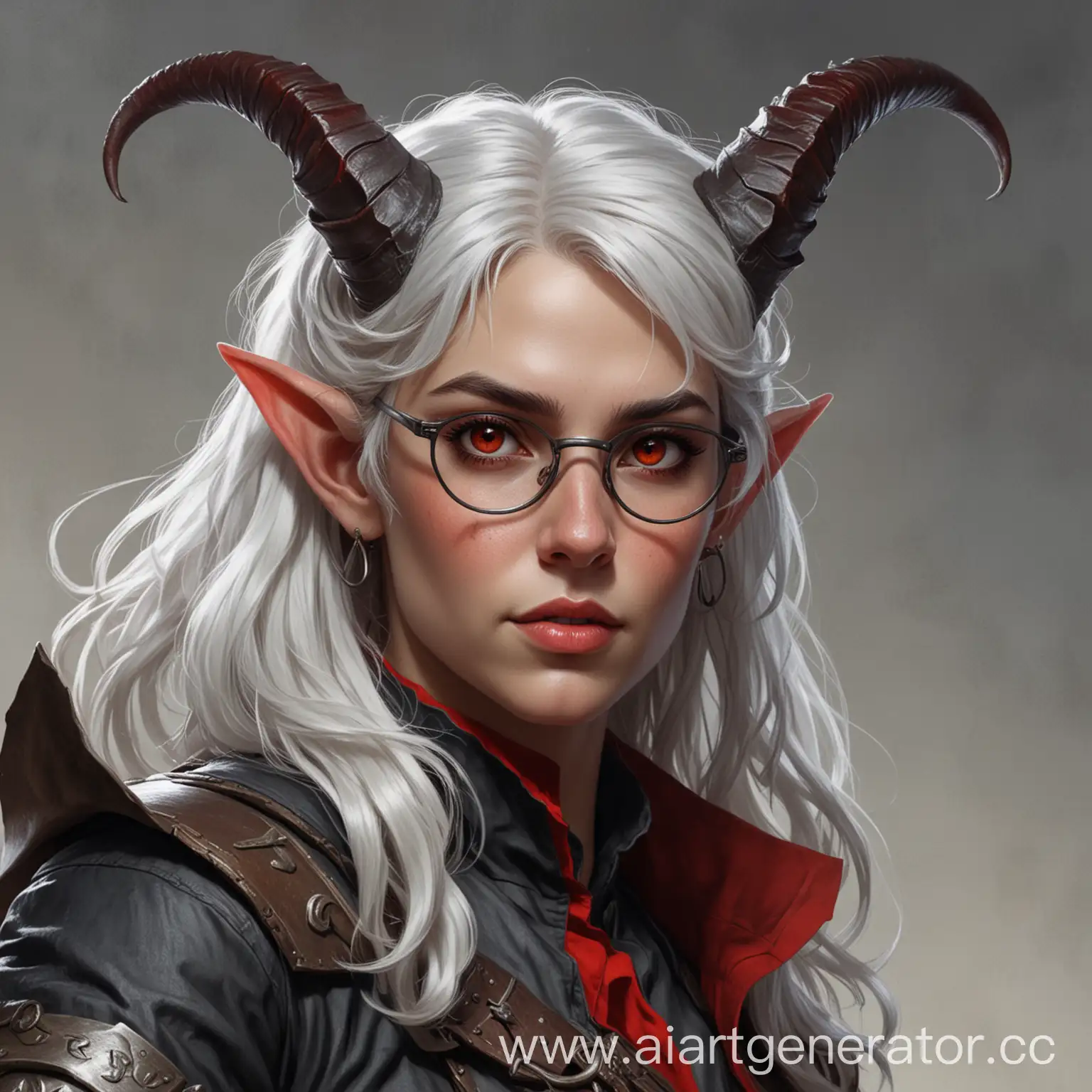 Fantasy-Tiefling-Woman-Adventurer-Portrait-with-Black-Horns-and-White-Hair