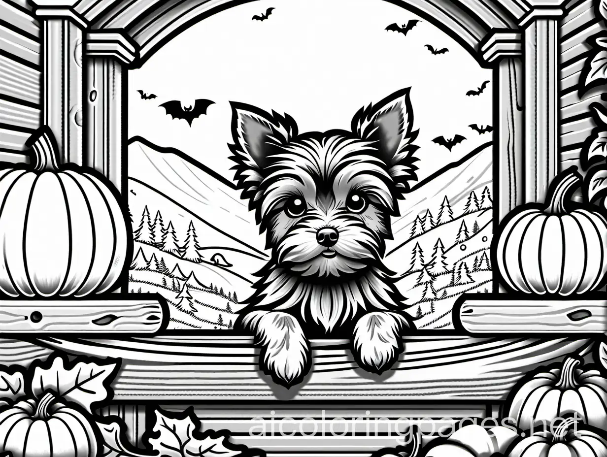 Adorable-Yorkie-Puppy-on-Halloween-Decorated-Porch-Step-with-Pumpkin-and-Skeleton