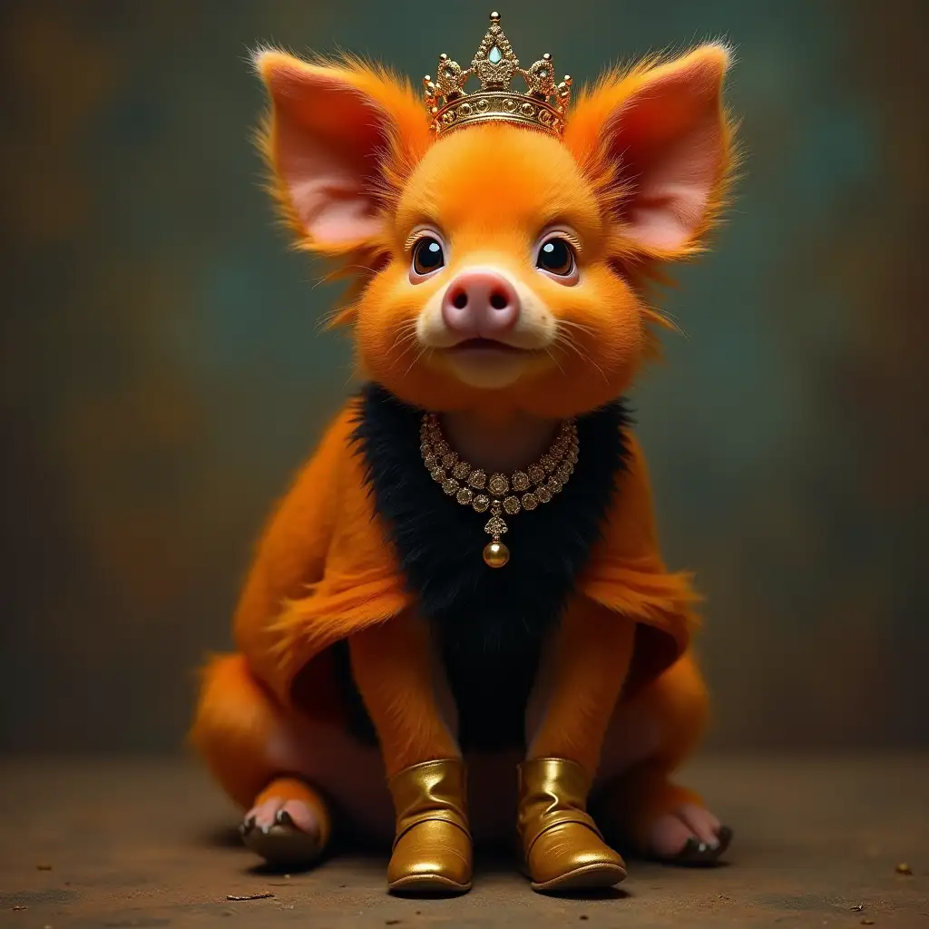 Miss pigi schwein, golden shoes and orange black dress necklace portrait 75mm