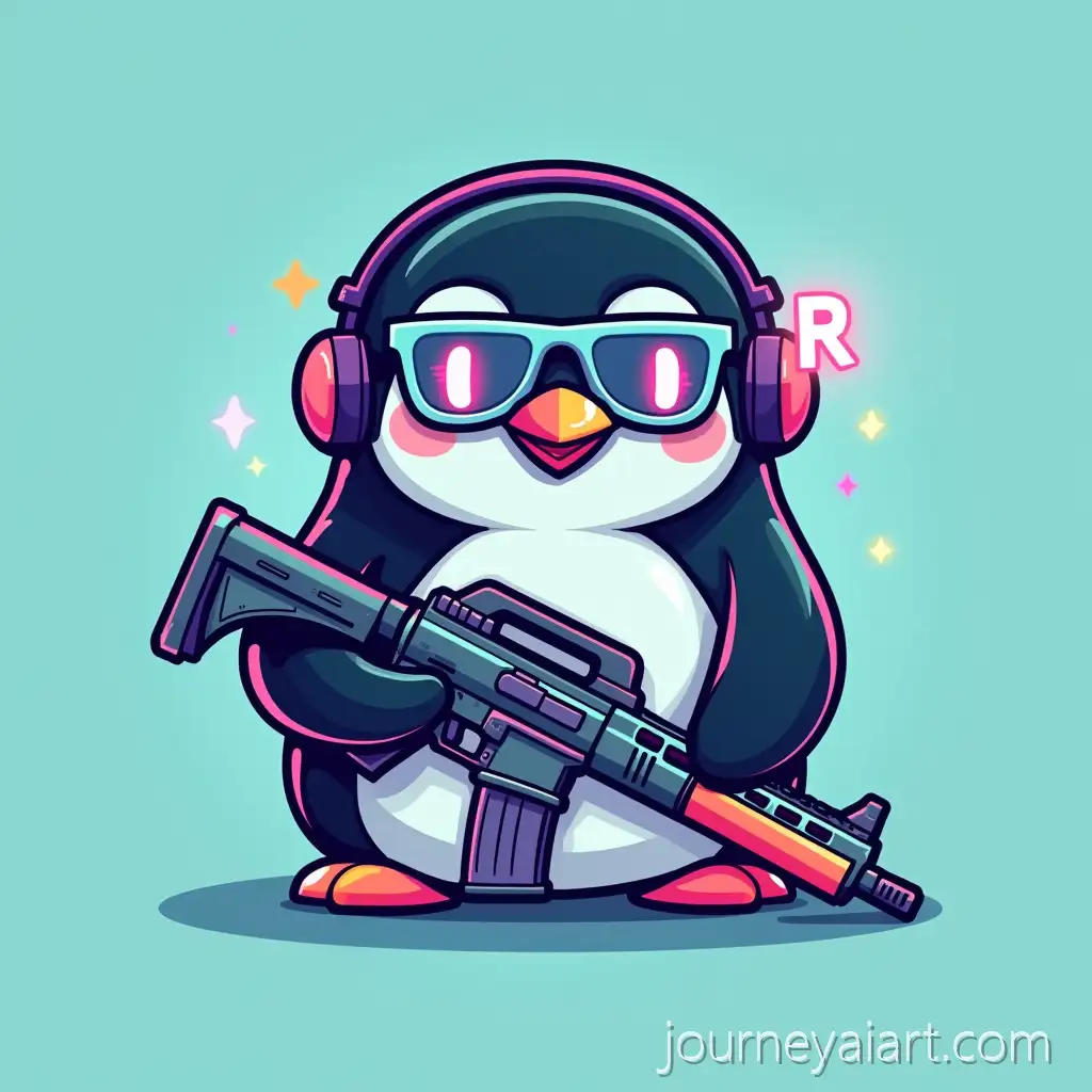Cute-CyberpunkAI-Image-Prompt-Expansion-Penguin-Mascot-Logo-for-RavexMod-with-Glowing-Digital-Eyes-and-M416-Rifle