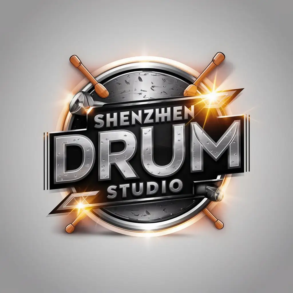 a vector logo design,with the text "shenzhen drum studio", main symbol:3D metal-textured design for a drum set, with lighting effects, drumsticks, and cleverly incorporating the font of the name 'Shenzhen Drum Studio',complex,be used in Automotive industry,clear background