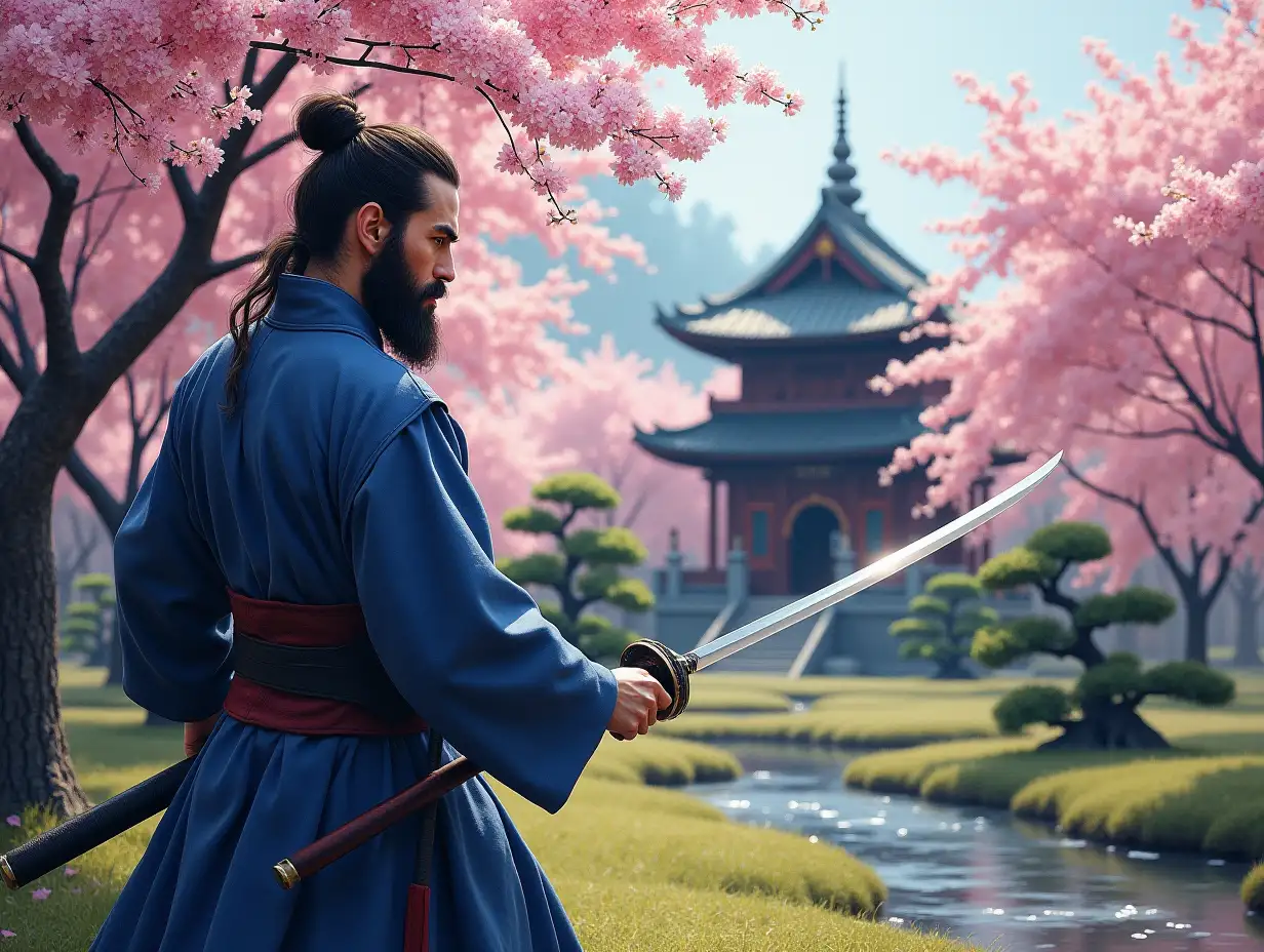 A realistic picture where a samurai who wears a blue samurai kimono and is half Hungarian and half Japanese, and bearded, practices with the samurai sword in the garden full of beautiful blooming cherry blossoms, where the air and the sky are also clean and clear. There is also a small stream and a monastery and some Bonsai-like trees in the garden.