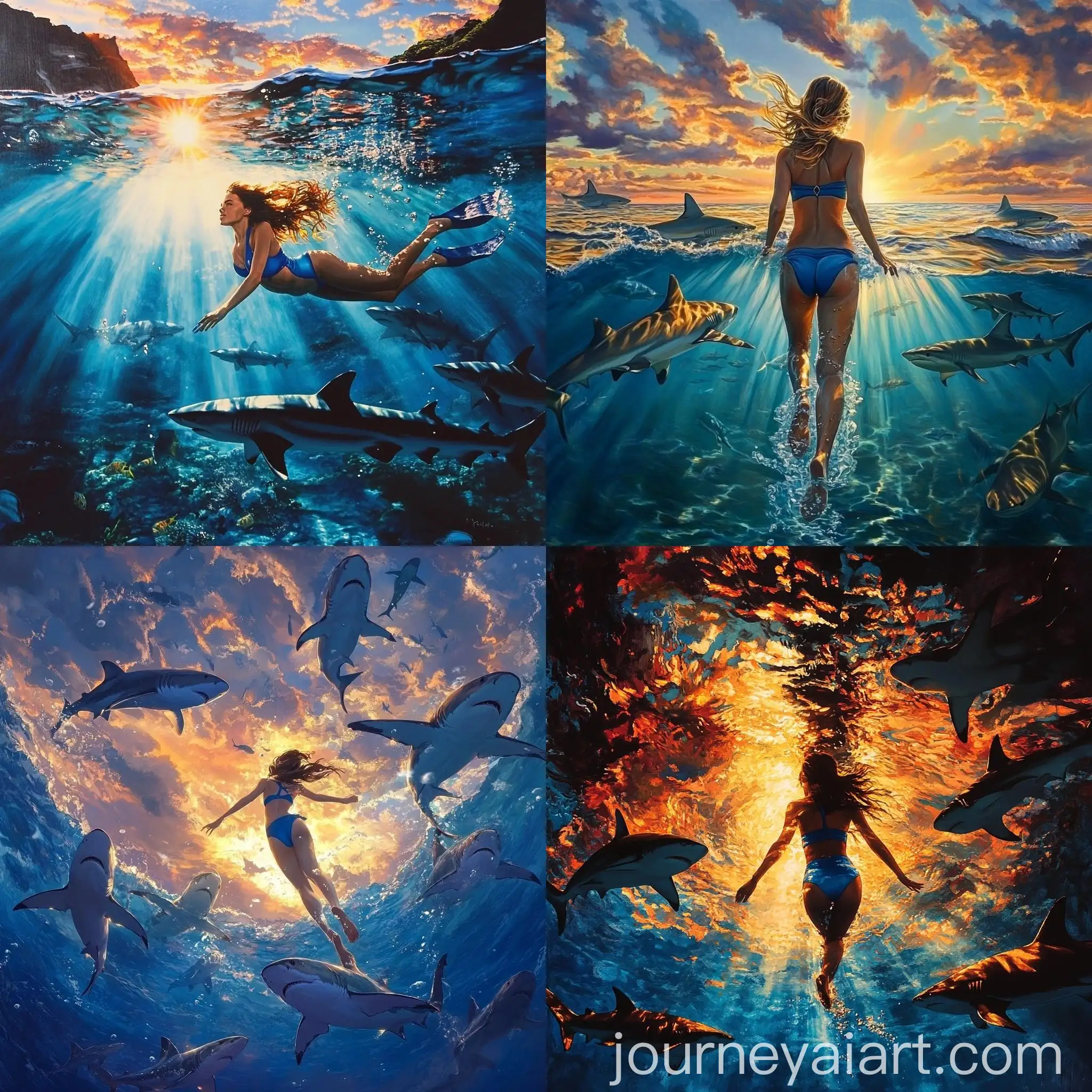 Girl-Swimming-with-Sharks-at-Sunset-in-Blue-Swimsuit
