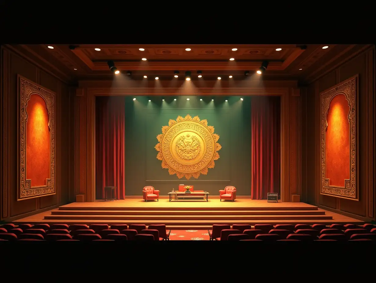 Generate an image for stage aesthetics of an auditorium with 2 panels on left and right on the occasion of vishwaconclave committee's event in emrald Green and rich golden for the theme srujanasya saurabham it is a sanskrit reference so make it look a reflective of that 