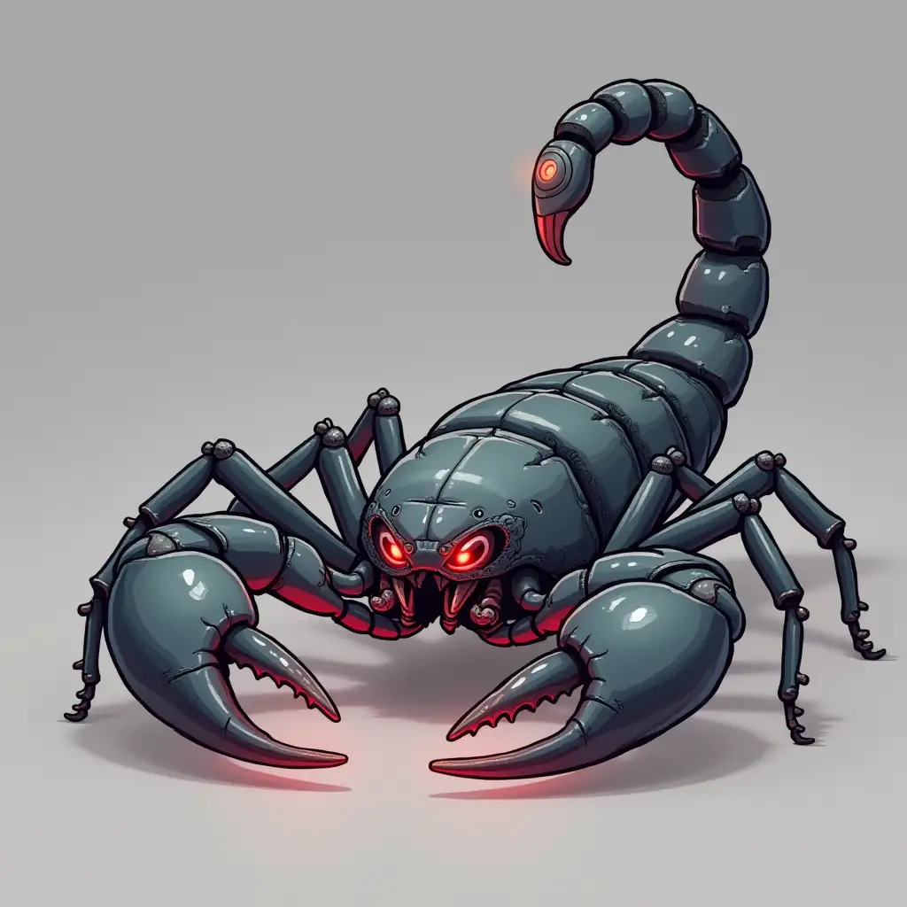 cartoon, grey scorpion, with red gleaming pliers, front view