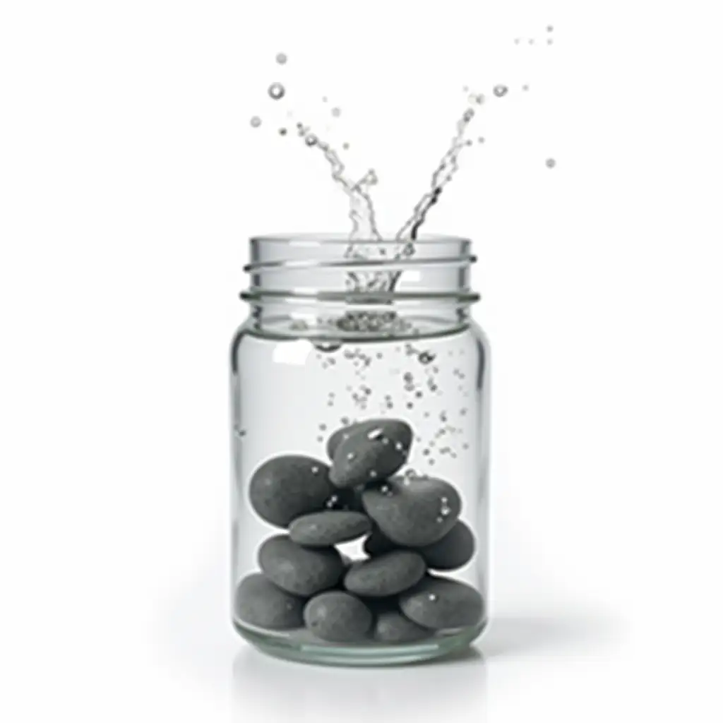 Jar of water with rocks inside with a little bit of water splash with white background