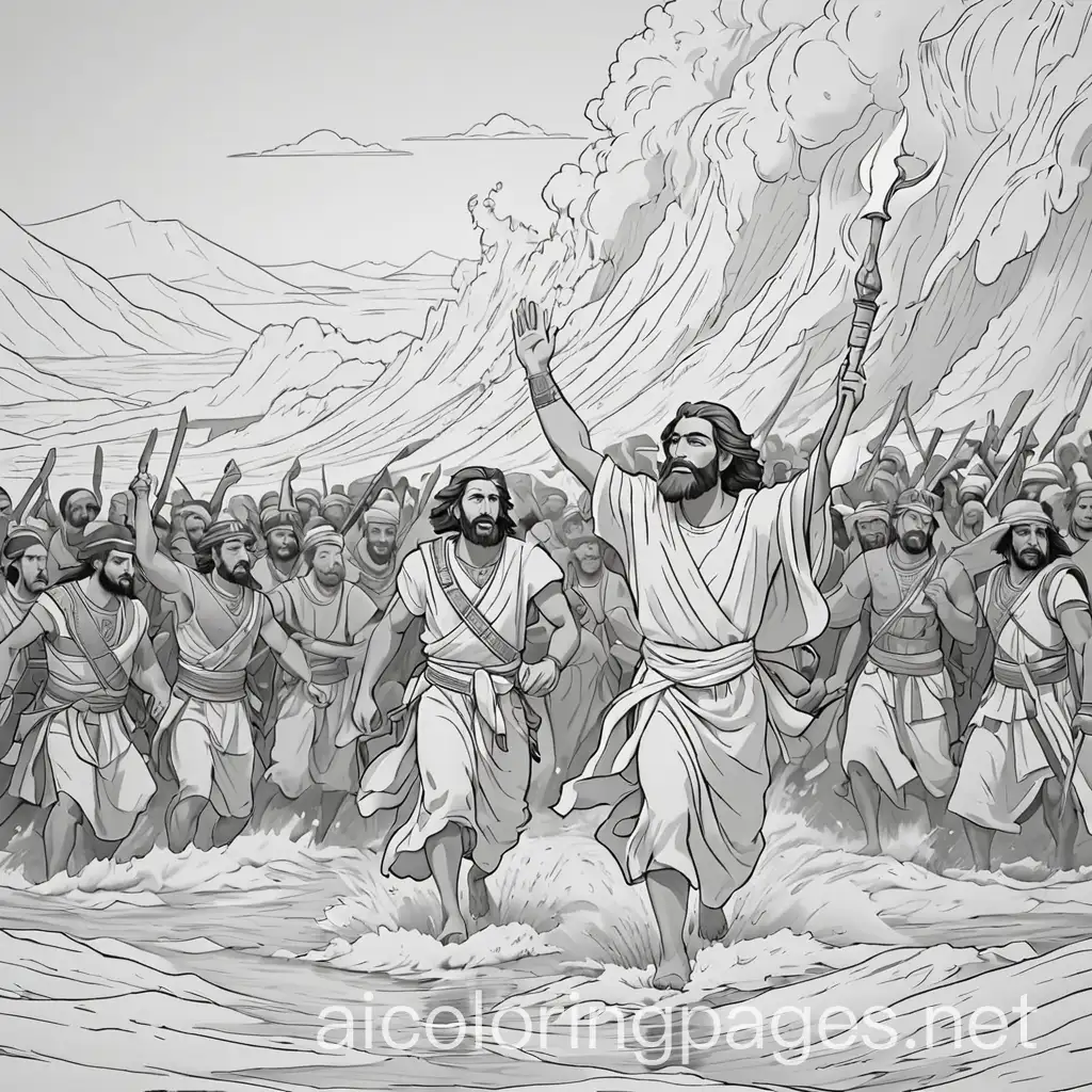 a coloring page that depicts the Jews and Moses crossing the Red Sea on dry land with the pillar of fire behind them holding back the Egyptian army, Coloring Page, black and white, line art, white background, Simplicity, Ample White Space. The background of the coloring page is plain white to make it easy for young children to color within the lines. The outlines of all the subjects are easy to distinguish, making it simple for kids to color without too much difficulty