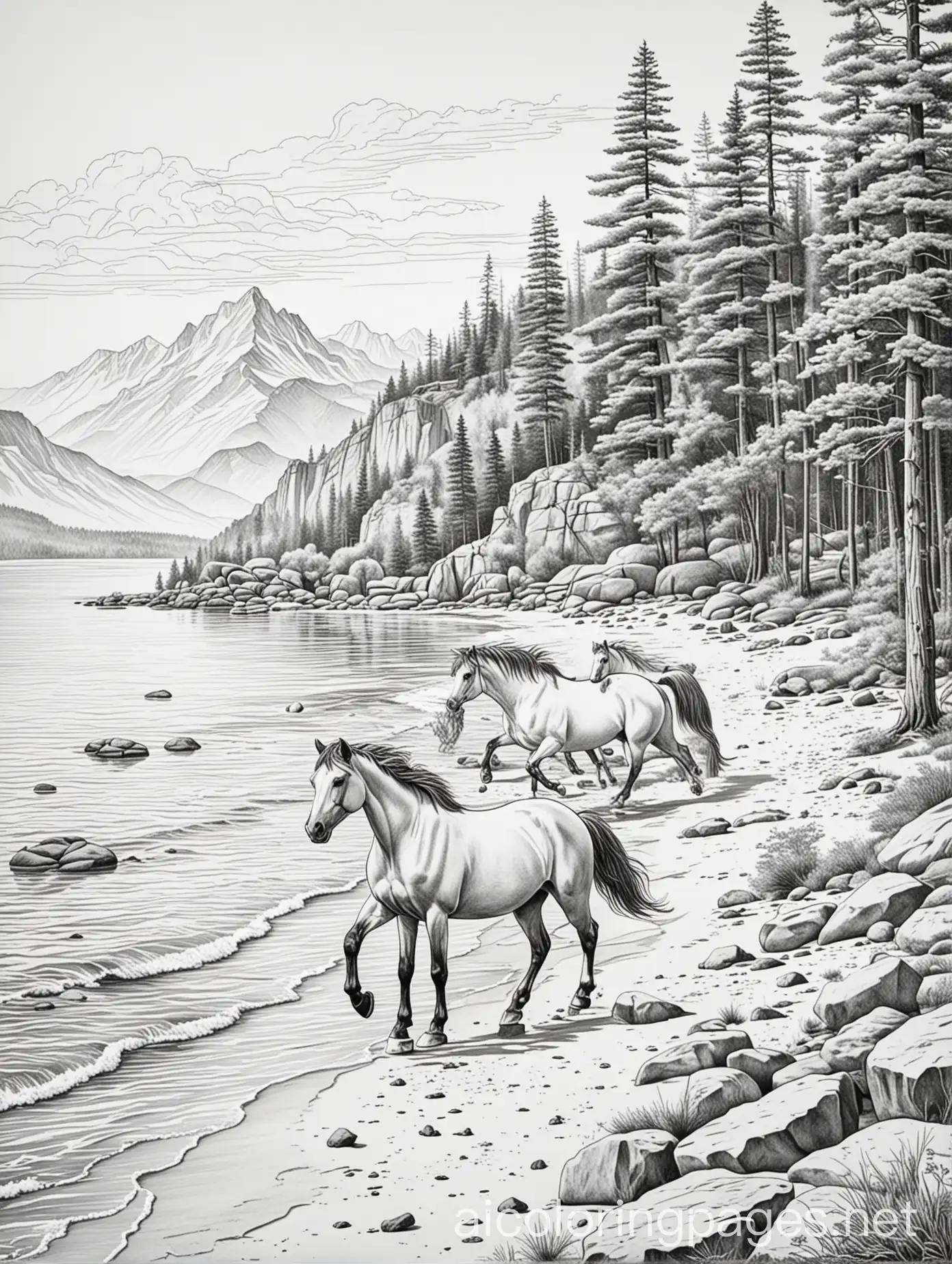 Horses-Running-on-Beach-Coloring-Page-Black-and-White-Line-Art