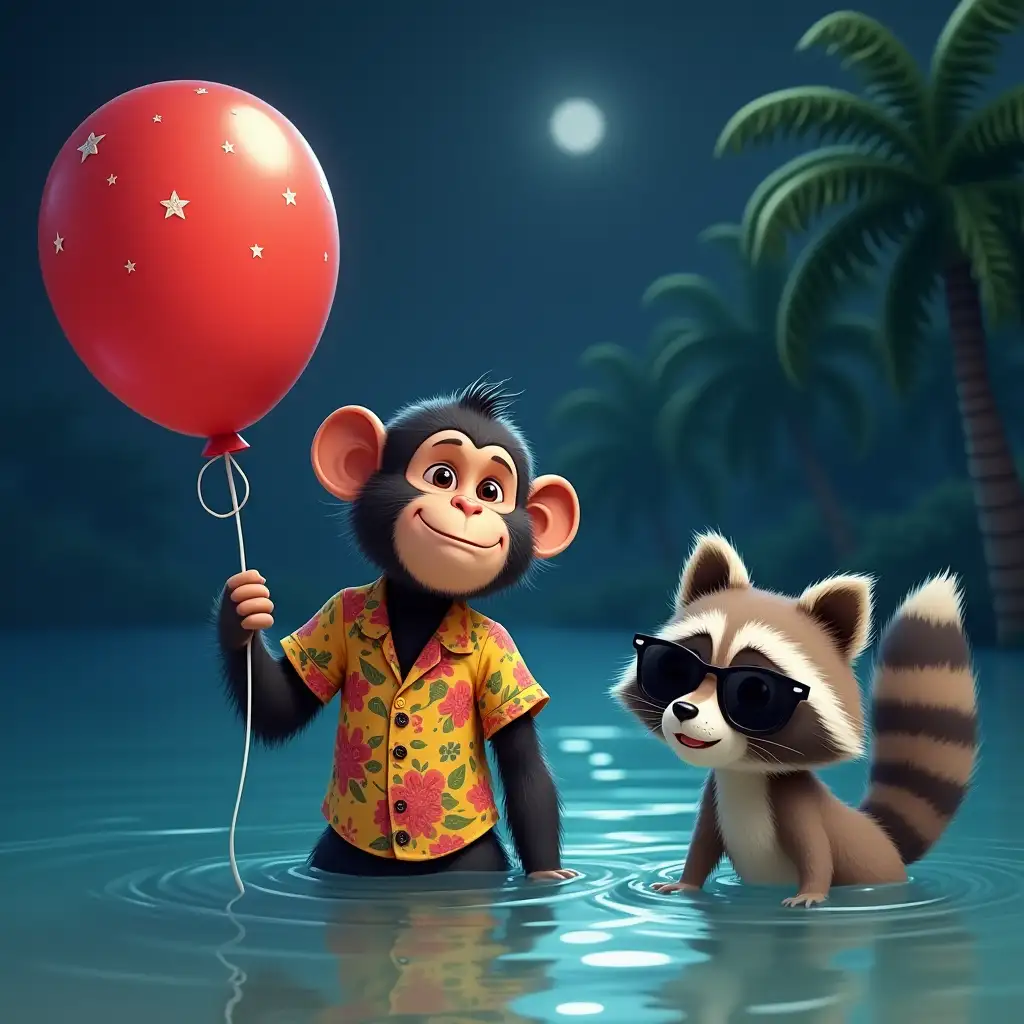 A digitally rendered illustration, likely a piece of children's book art or an animated scene, features a chimpanzee and a raccoon in a tropical setting at night.  The chimpanzee, positioned slightly left of center, is dressed in a brightly colored, floral Hawaiian-style shirt.  Its expression is playful, with a slight smile.  The chimpanzee is holding a large, red balloon with small white-star-like decorations scattered across it.  It is wading in calm, rippled water.  The raccoon, slightly to the right, is also wading in the water. It wears sunglasses.  Its fur is light brown and gray, and its tail is ringed with white fur.