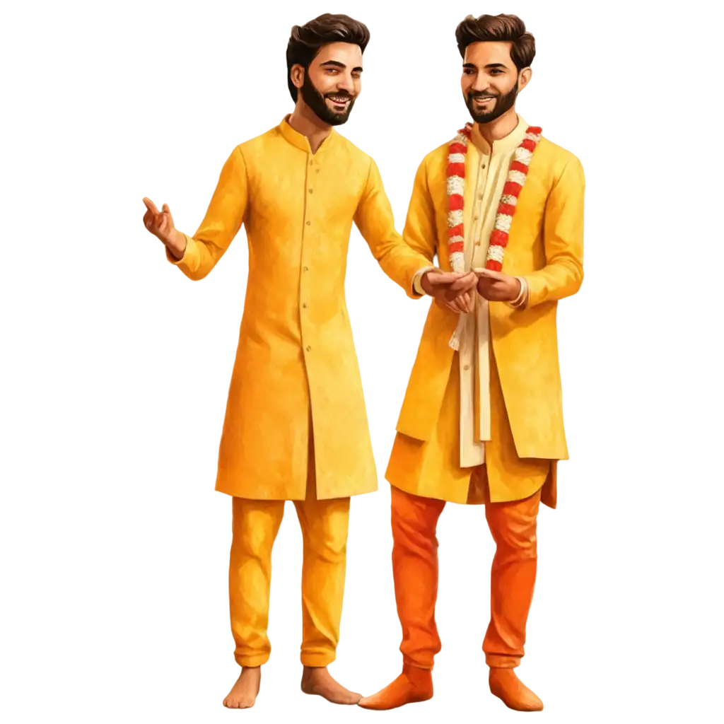 Joyful-Wedding-Illustration-Haldi-Ceremony-with-2-Grooms-Cartoon-PNG-Image