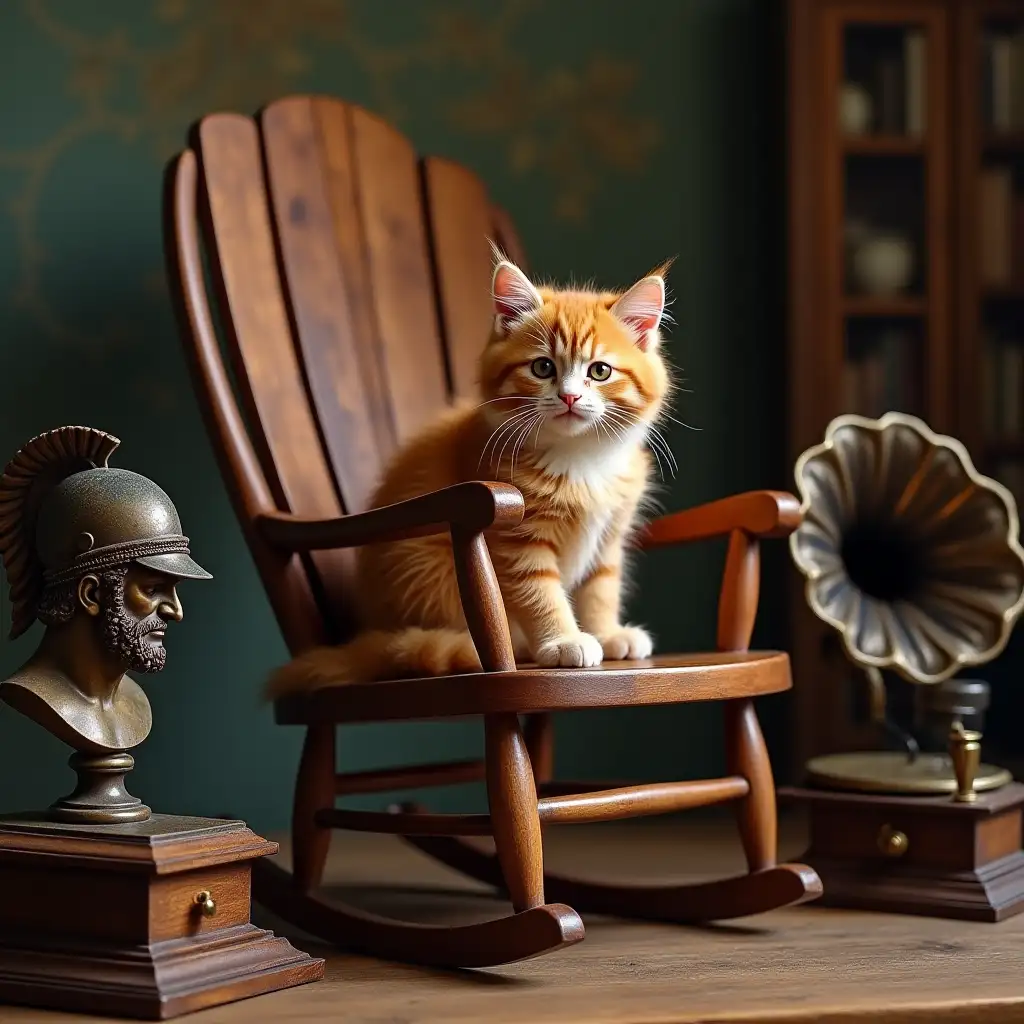 ginger sweet real kitten sits on a wooden rocking chair Toscana. next to it on the right stands a gramophone. next to it on the left is a statue of the Greek god Zeus. On Zeus's head is a helmet of iron man. In the background, there is a coffee maker