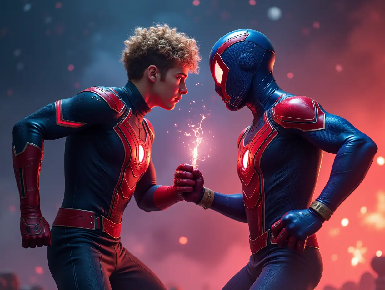 Create a realistic image of two teenage boys in space, they are fighting each other, dress them in Marvel clothing, use bright vivid colors