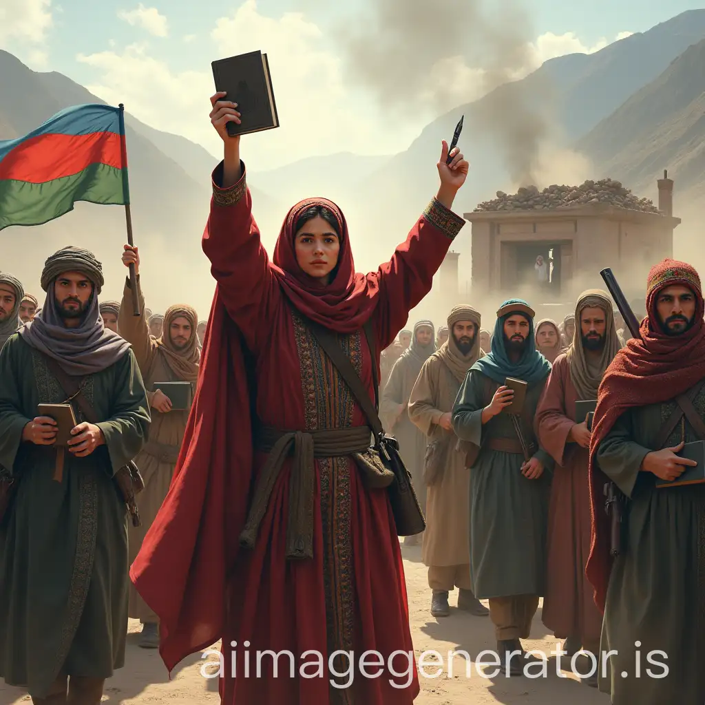 A dramatic and inspiring scene showcasing Afghan Uzbeks standing united against the Taliban's oppressive education policies. In the foreground, a group of Uzbek men and women, dressed in traditional Uzbek clothing (such as colorful robes, embroidered hats, and scarves), stand defiantly. They are armed with books, pens, and farming tools, symbolizing their commitment to education and their readiness to defend it. A central figure, a young Uzbek woman, holds a book high in the air, her face filled with determination and hope. In the background, a small village school is visible, partially destroyed but still standing, with Uzbek children peeking out from behind its walls, clutching their notebooks. The Taliban fighters are depicted in the shadows, their faces obscured, representing the faceless nature of oppression. Smoke and dust fill the air, creating a tense atmosphere, but a ray of sunlight breaks through, illuminating the Uzbek fighters and the school, symbolizing hope and resilience. The Uzbek flag or traditional patterns are subtly incorporated into the scene, emphasizing their cultural identity and pride. The landscape reflects the rugged terrain of northern Afghanistan, with mountains in the distance, grounding the scene in the region's geography.