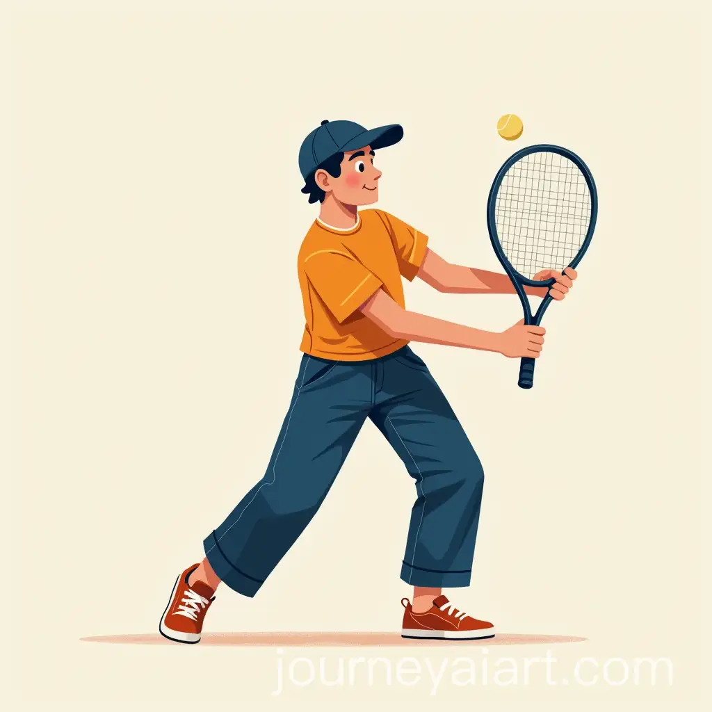 Illustration-of-a-Boy-Playing-Tennis-in-Dark-Blue-Pants-and-Orange-Shirt
