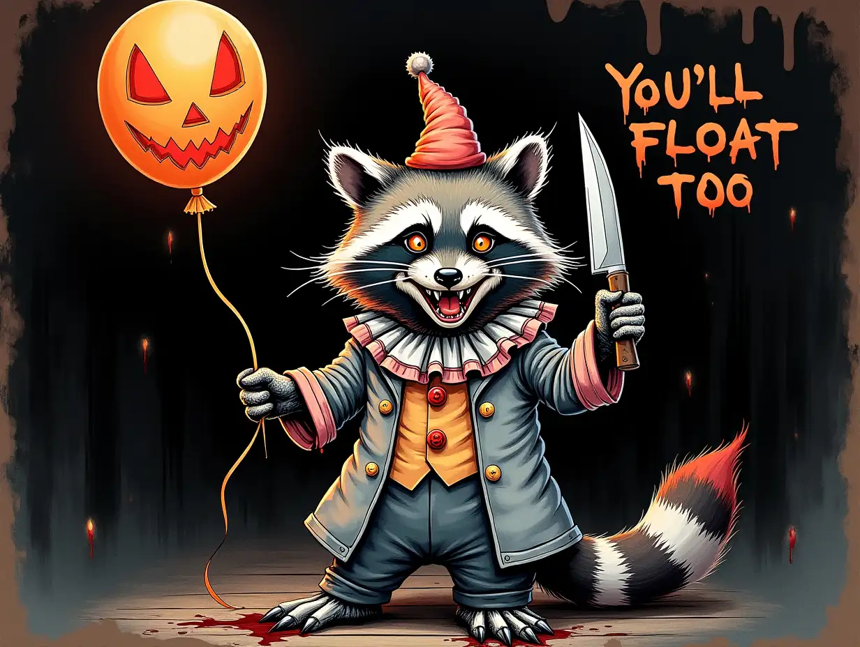 hand drawn art. A mischievous raccoon dressed as a clown, holding a jack-o'-lantern balloon and a sharp knife. The raccoon has a sinister grin and piercing eyes, with a dark and detailed background. The overall style is eerie and unsettling, with a focus on the macabre and the grotesque. the word 'You'll Float Too' in bold, below it.