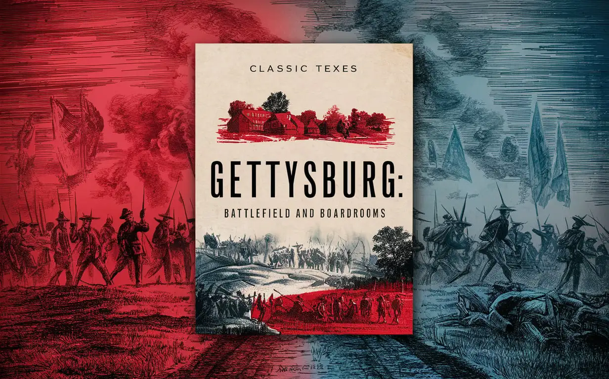 A classic civil war text in a modern style of "Gettysburg: Battlefield and Boardrooms." IN the background use the color aesthetic of a red and blue etching with ghost tour images and civil war history. 