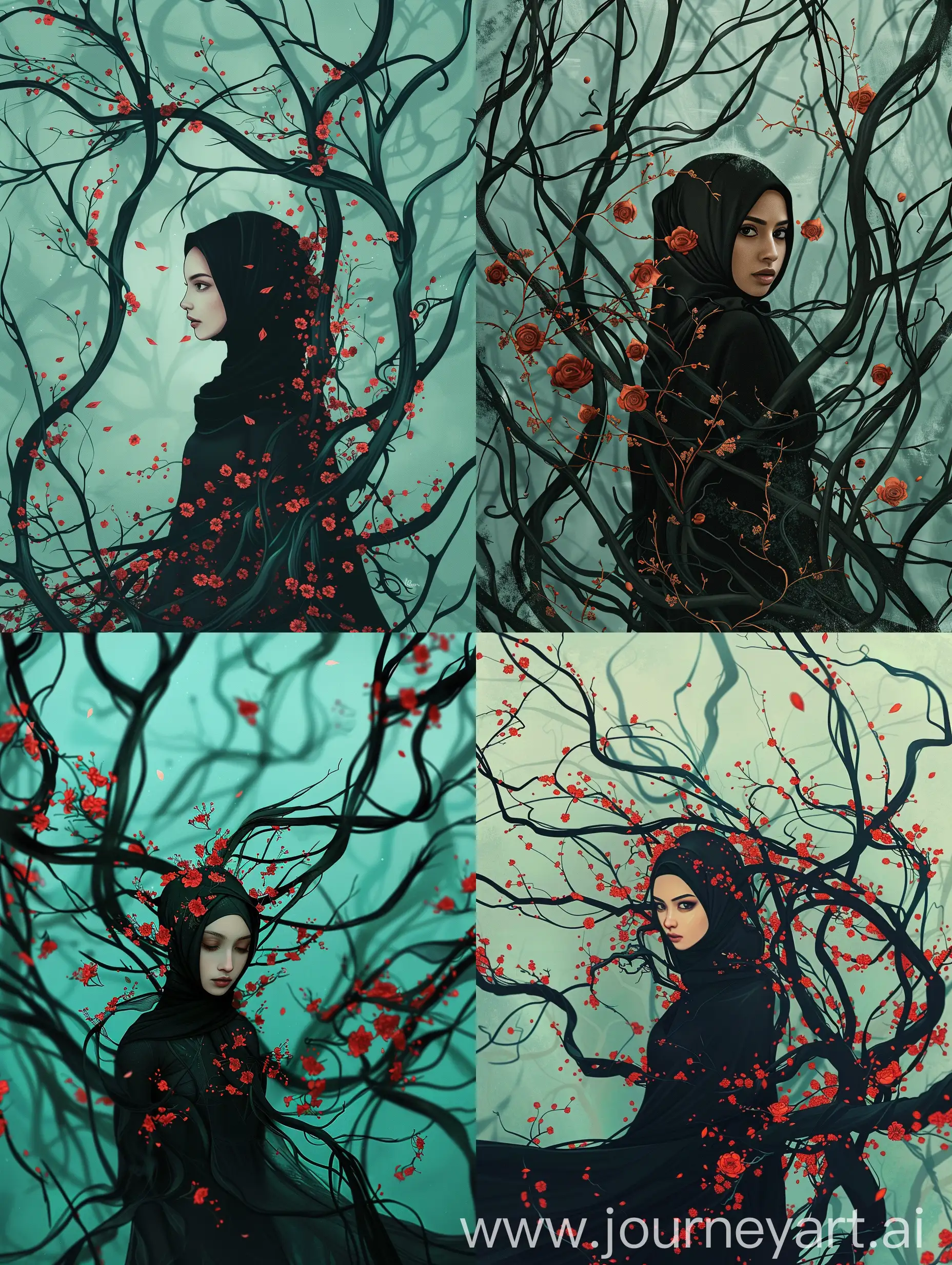 Dark-Fantasy-Hijab-Woman-Standing-Among-Twisting-Tree-Branches