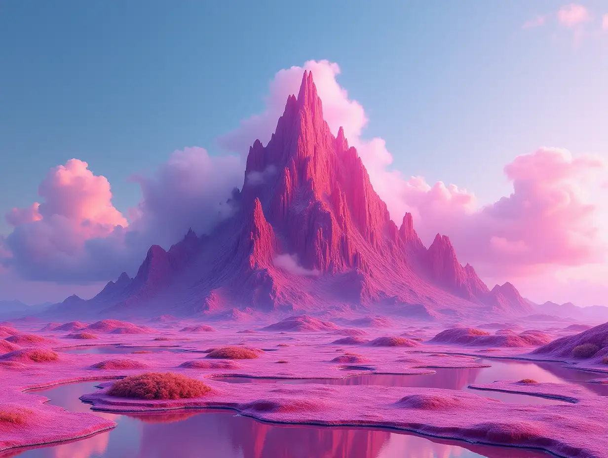 Red purple surreal mountain landscape at the background of azure sky, the concept is amazing and fantastic world