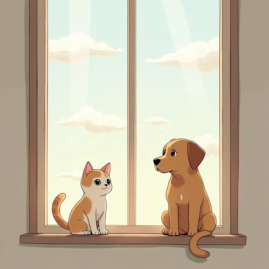 a little cat and a dog are sitting on the windowsill, anime style drawing