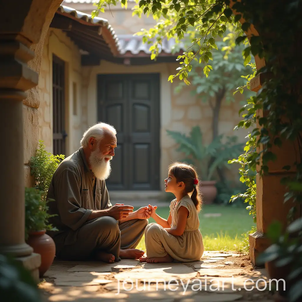 Grandfather-Telling-a-Story-to-His-Granddaughter-in-the-Courtyard